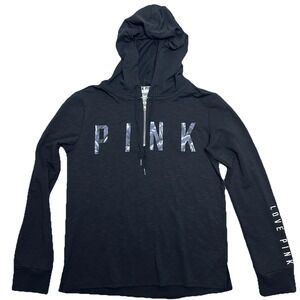 Victoria's Secret PINK Black Hooded Pullover Sweatshirt Love Pink XS Long Sleeve